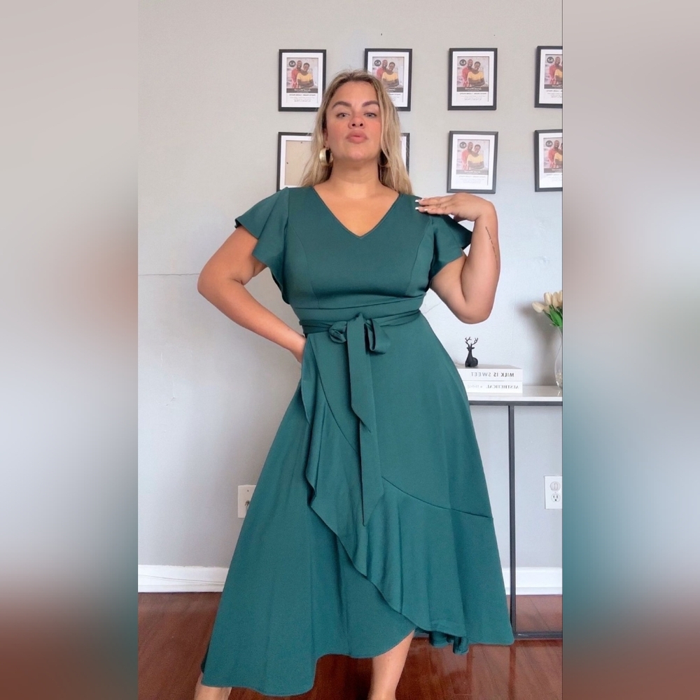 V-Neck Green Ruffle Wrap Midi Dress